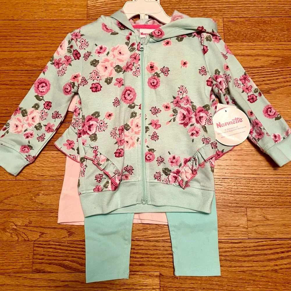 Nannette Kids 4pc Flowers/Frills Set - Hooded Jacket, Shirt, Pants & Skort - 3T